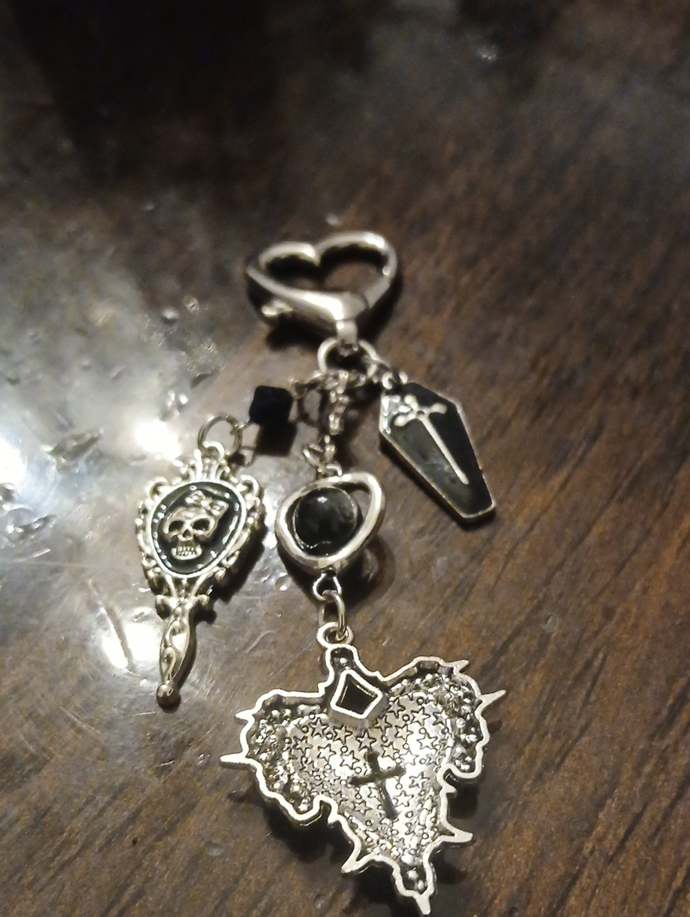 Silver-Tone Gothic Heart Charm Keychain with Black Accents